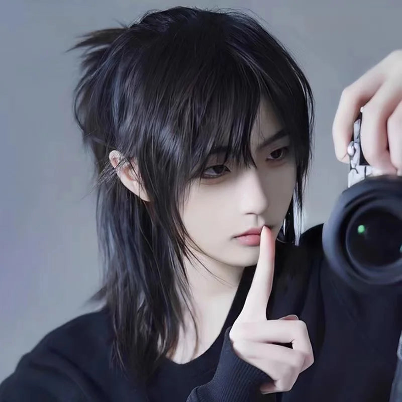 Short Mullet Head Wigs with Bangs Synthetic Straight Anime Men Black Hair Wig for Daily Party Cosplay