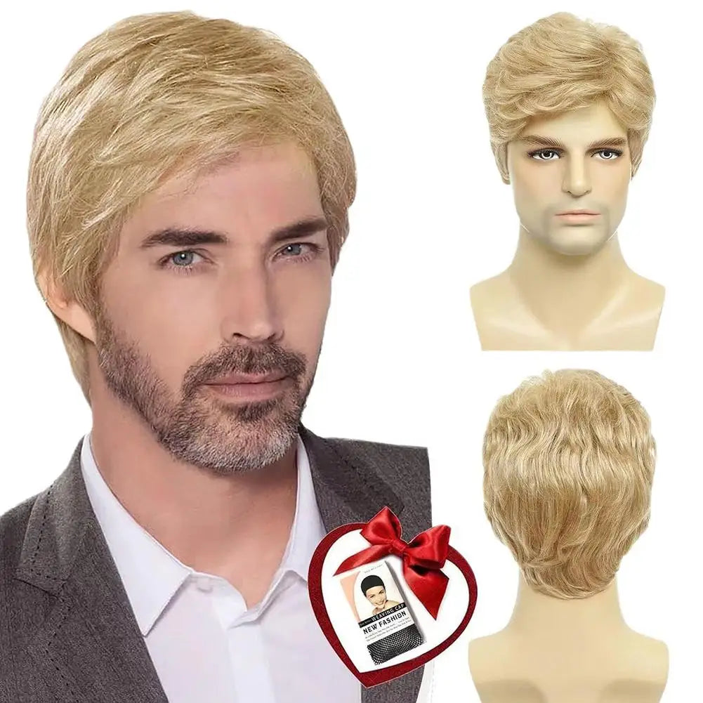 Men's Fashion Wig with Side Swept Bangs - Short Straight Hair Synthetic Full Wig for Men, European Style Ready to Wear