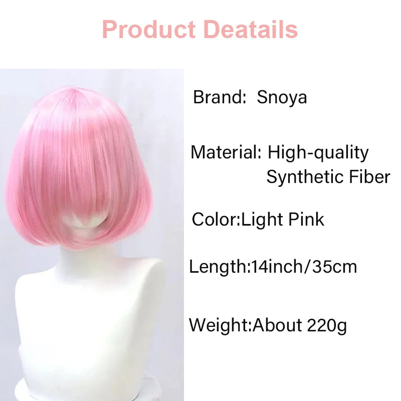 Snoya 35cm Synthetic short bob straight hair with trimmable bangs Lolita pink green blonde red cosplay wigs for women+wig cap