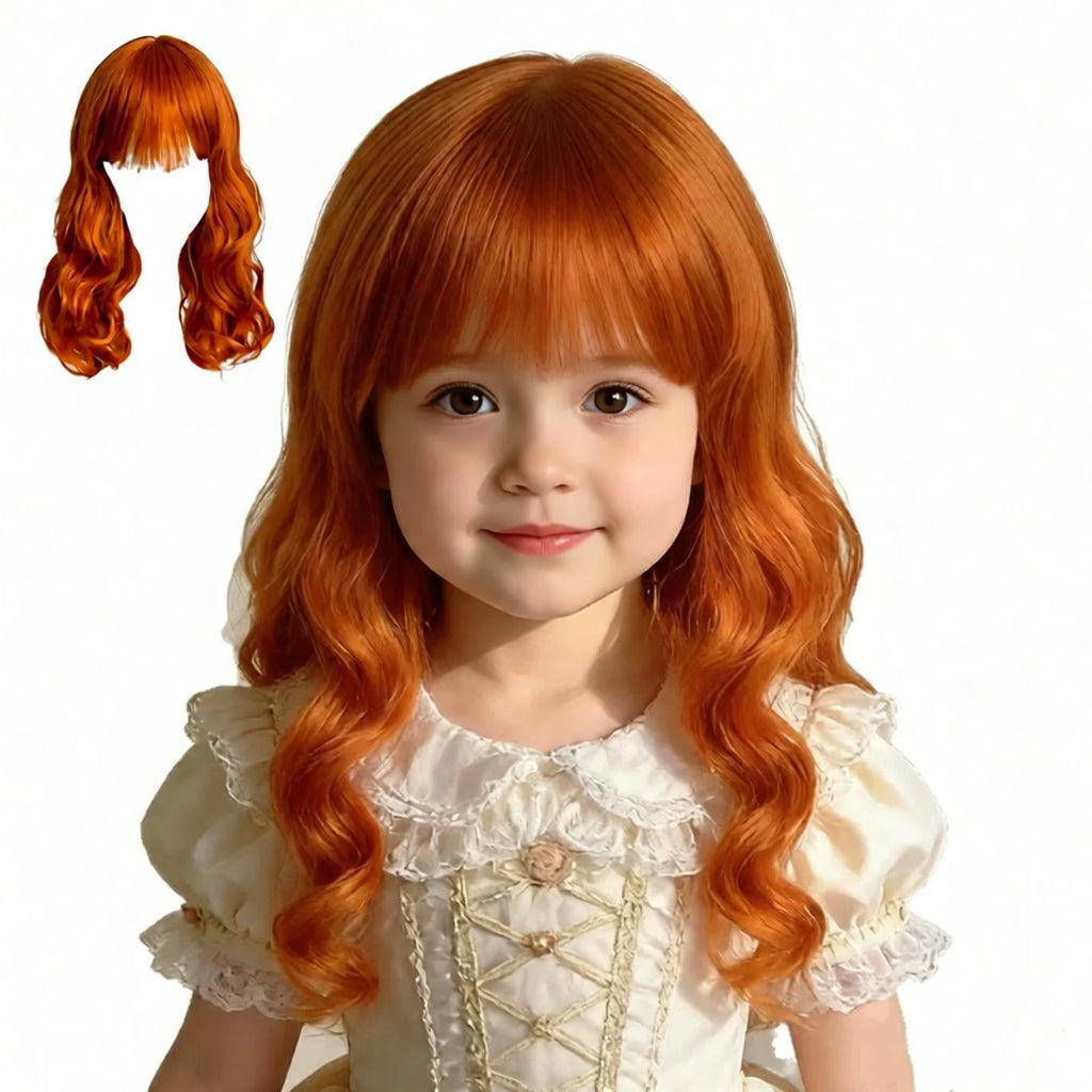 Girl's Wig Orange Long Curly Hair Kids Toupee Performance Photography Props Youth Headwear Juvenile Headdress Baby Headgear 2Y