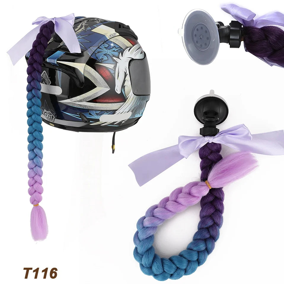 Benehair Syntheitc Helmet Pigtails Gradient Ramp Helmet Braids Ponytail Hair with Suction Cup with Bowknot for Motor Bike 1PCS