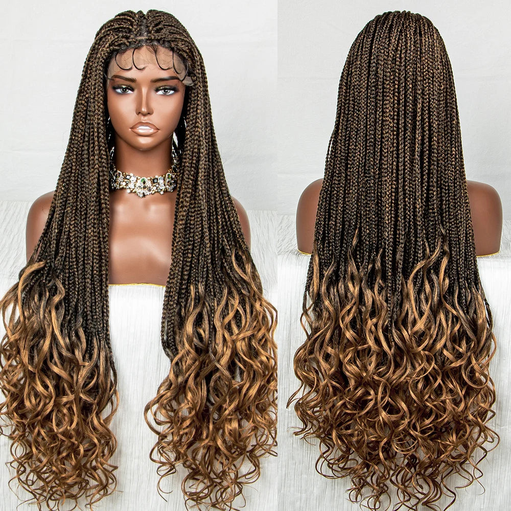 Lace Front Synthetic Cornrow Braids Wig Wavy Ends 9x6 Lace Long Cornrow Braided Wig Knotless Afro Braiding Hair Wavy Ends Wig