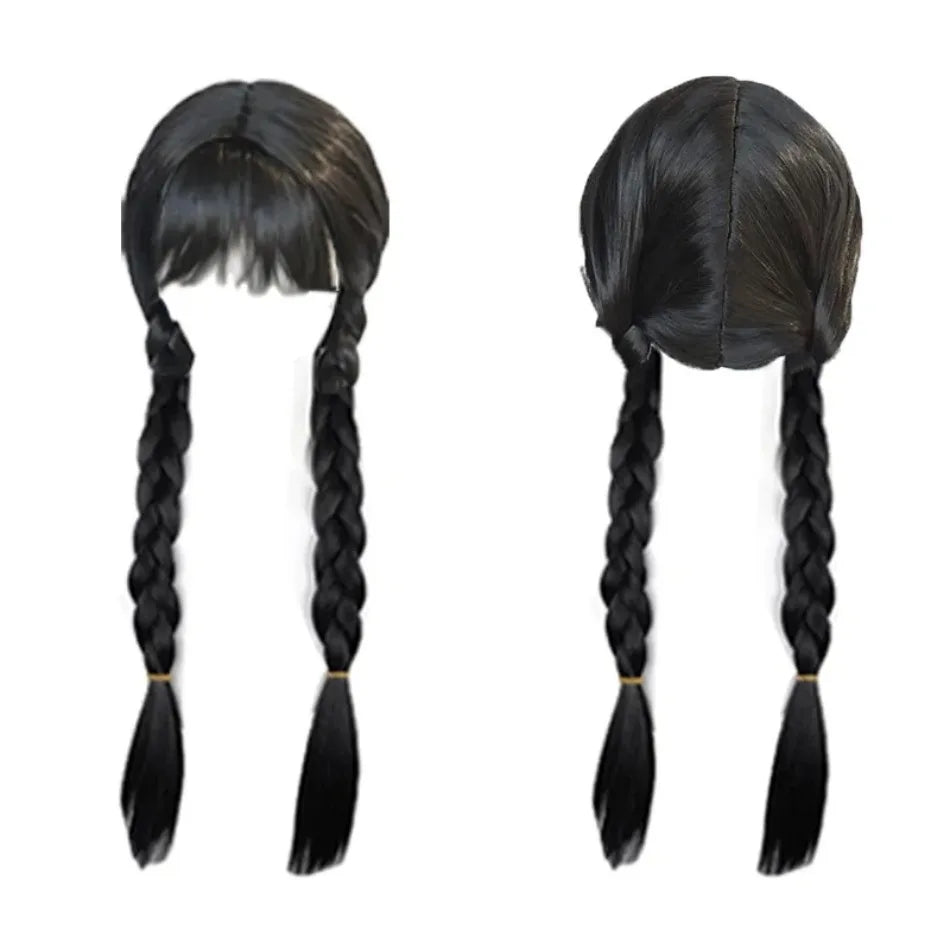 Kids Black Double Braid Flat Bangs for Girls Wednesday Role-playing Synthetic Wig Suitable for Parties Girl Wednesday Cosplay