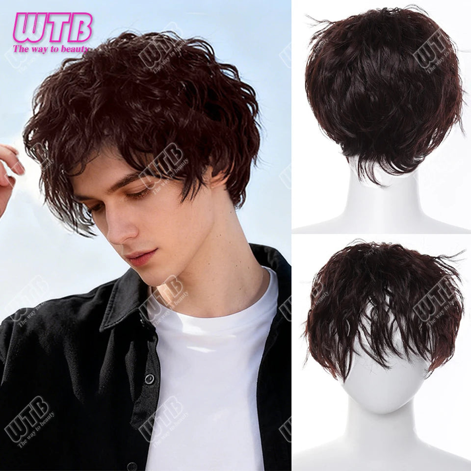 Synthetic Short Curly Boy Party Hair Wig Black Brown Natural Fake False Hair For Men Handsome Breathable Christmas Halloween