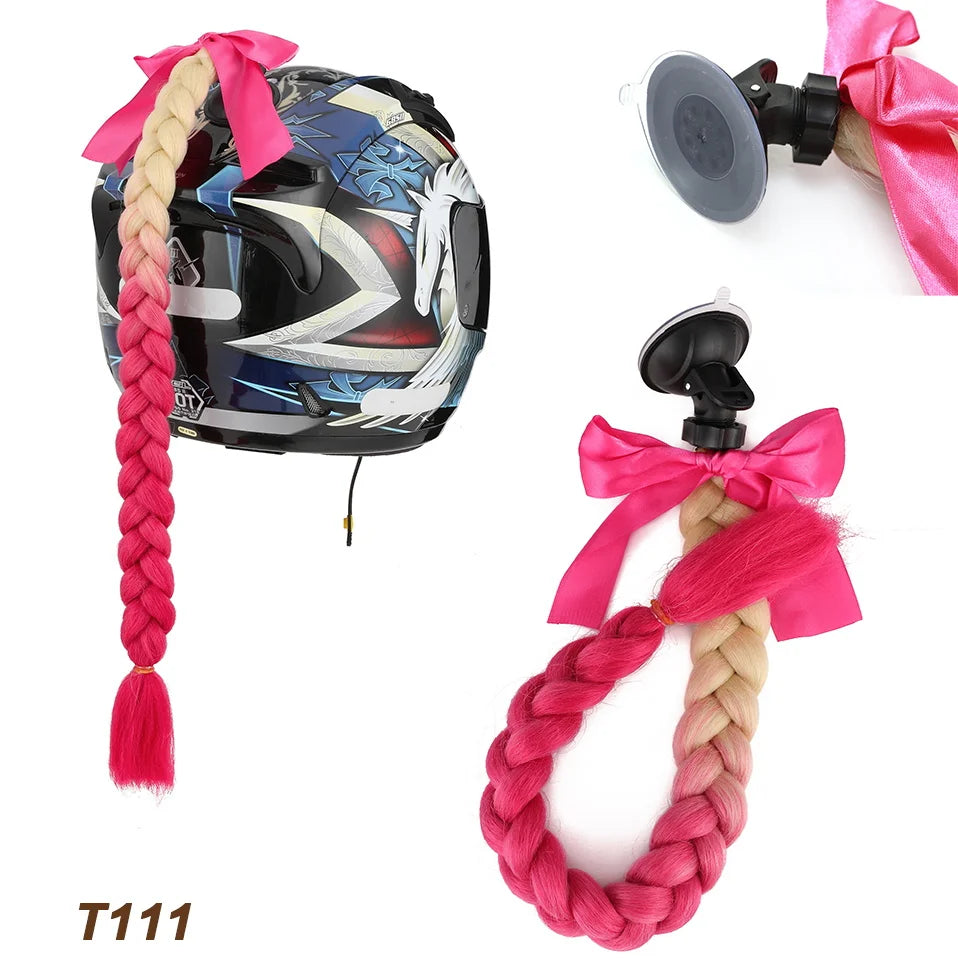 Benehair Syntheitc Helmet Pigtails Gradient Ramp Helmet Braids Ponytail Hair with Suction Cup with Bowknot for Motor Bike 1PCS