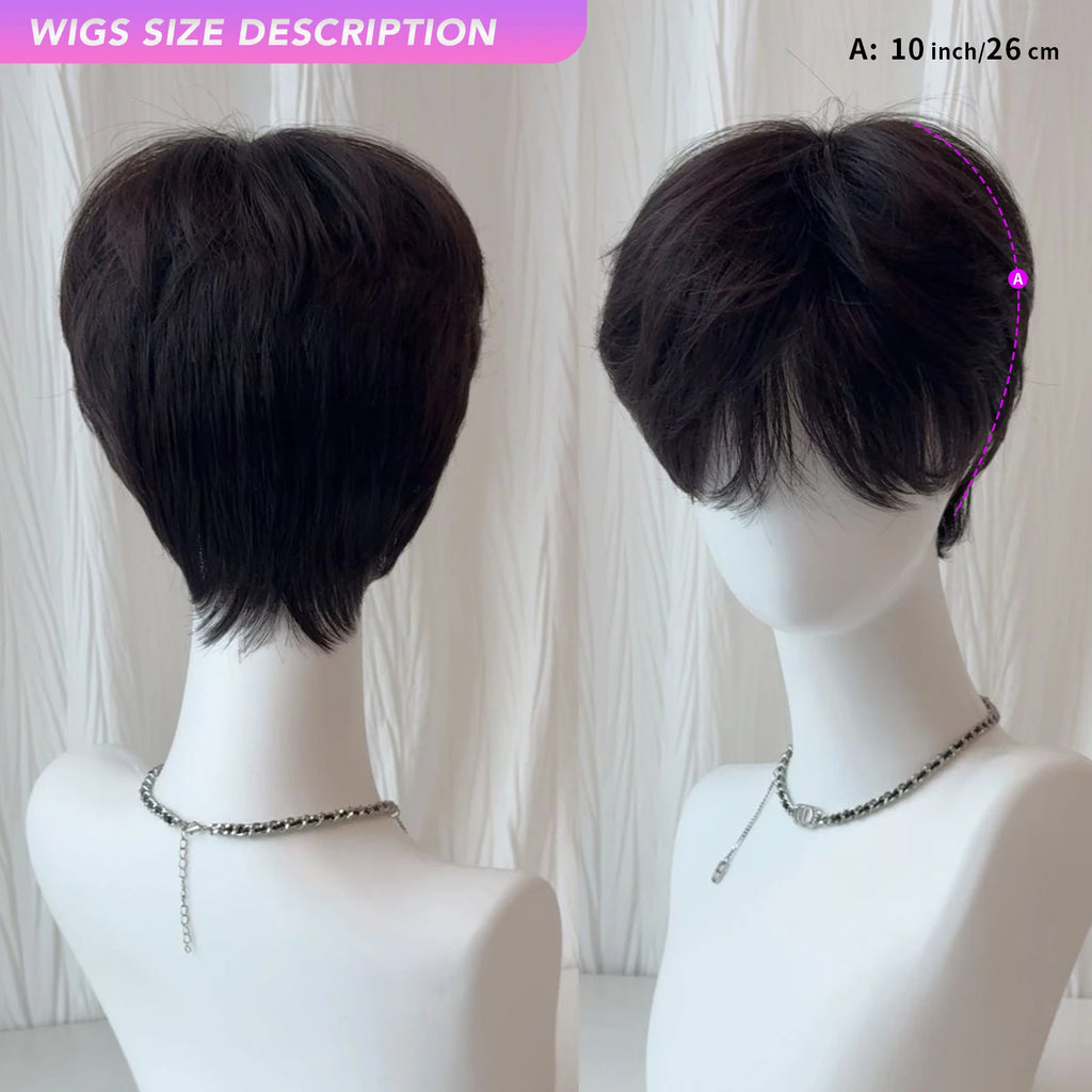 MEISU 10 Inch Short Boy Bangs Wig Brown Black Tea Synthetic Fiber Heat-Resistant Natural And Smoot Cool Boys Wig Selfie Party