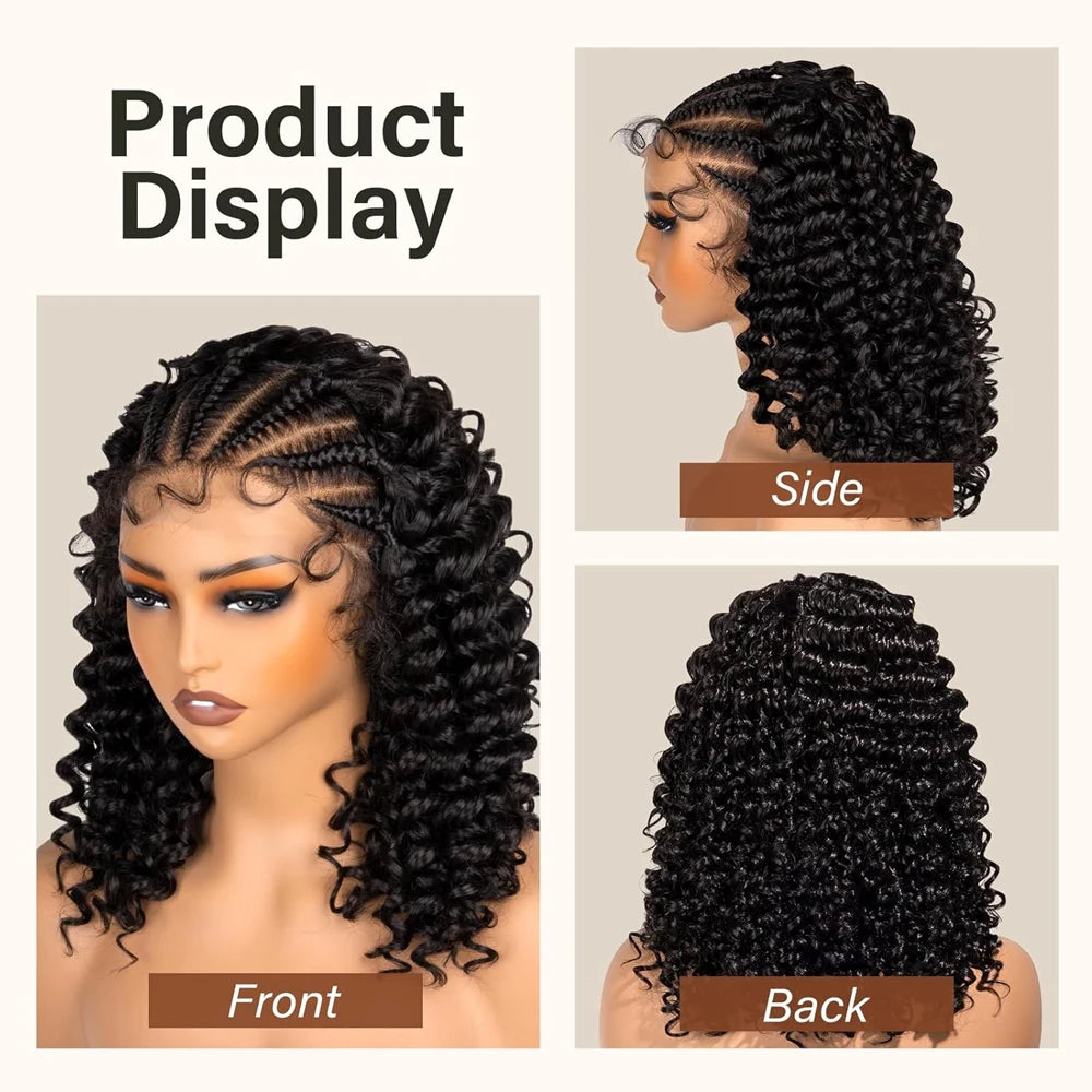 Cornrow Braided Wig with Curly Hair for Black Women 13X4 Synthetic Lace Frontal Handmade Braided Curly Bob Wigs with Baby Hair