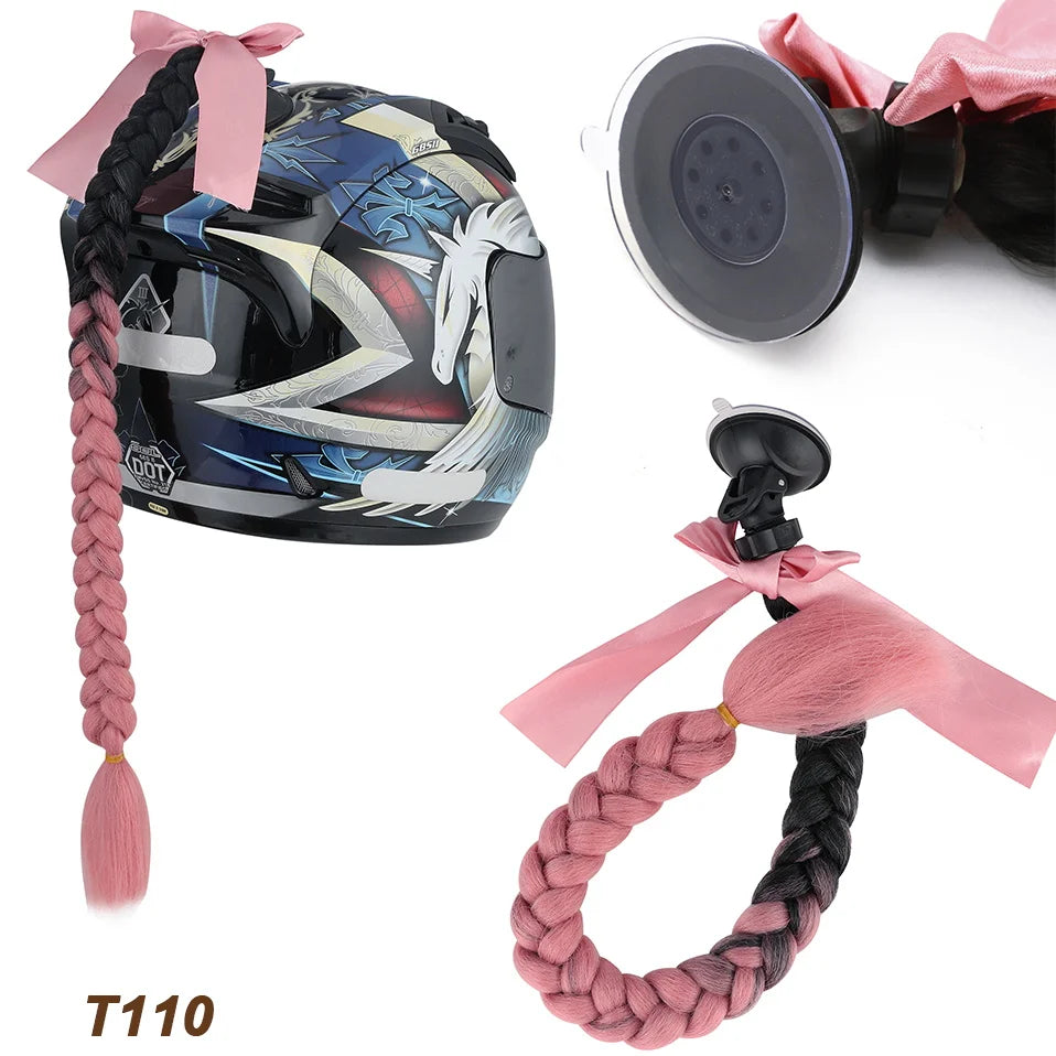 Benehair Syntheitc Helmet Pigtails Gradient Ramp Helmet Braids Ponytail Hair with Suction Cup with Bowknot for Motor Bike 1PCS