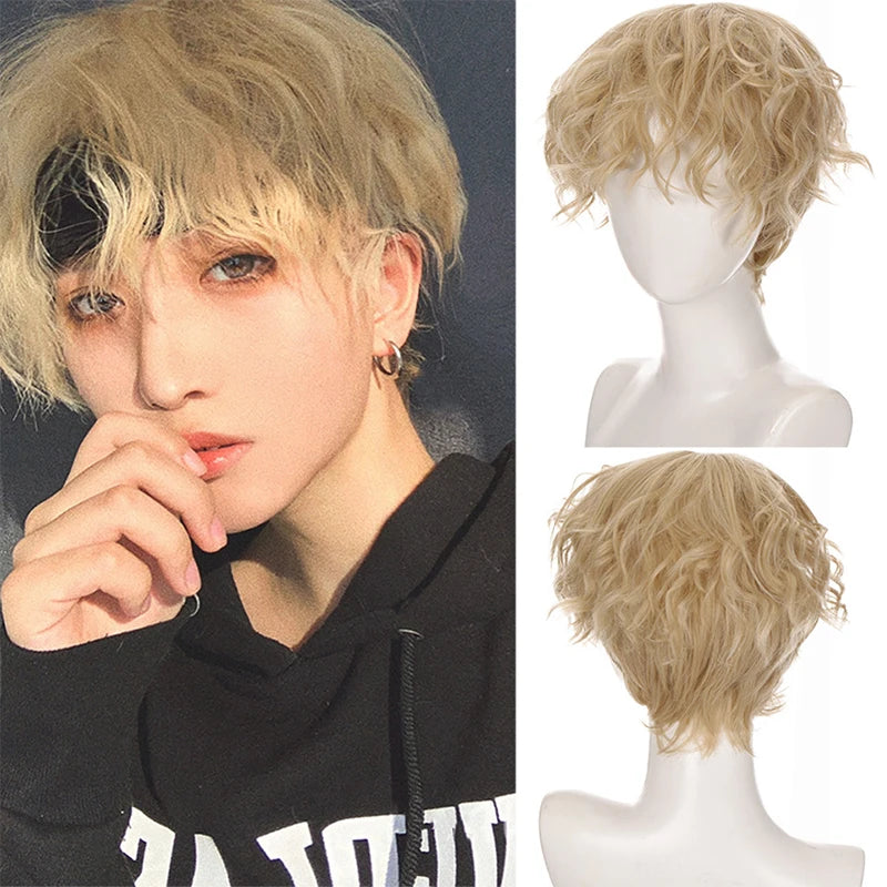 Synthetic Short Curly Boy  Party Hair Wig Black Brown Natural Fake False Hair For Men Handsome Breathable Christmas Halloween