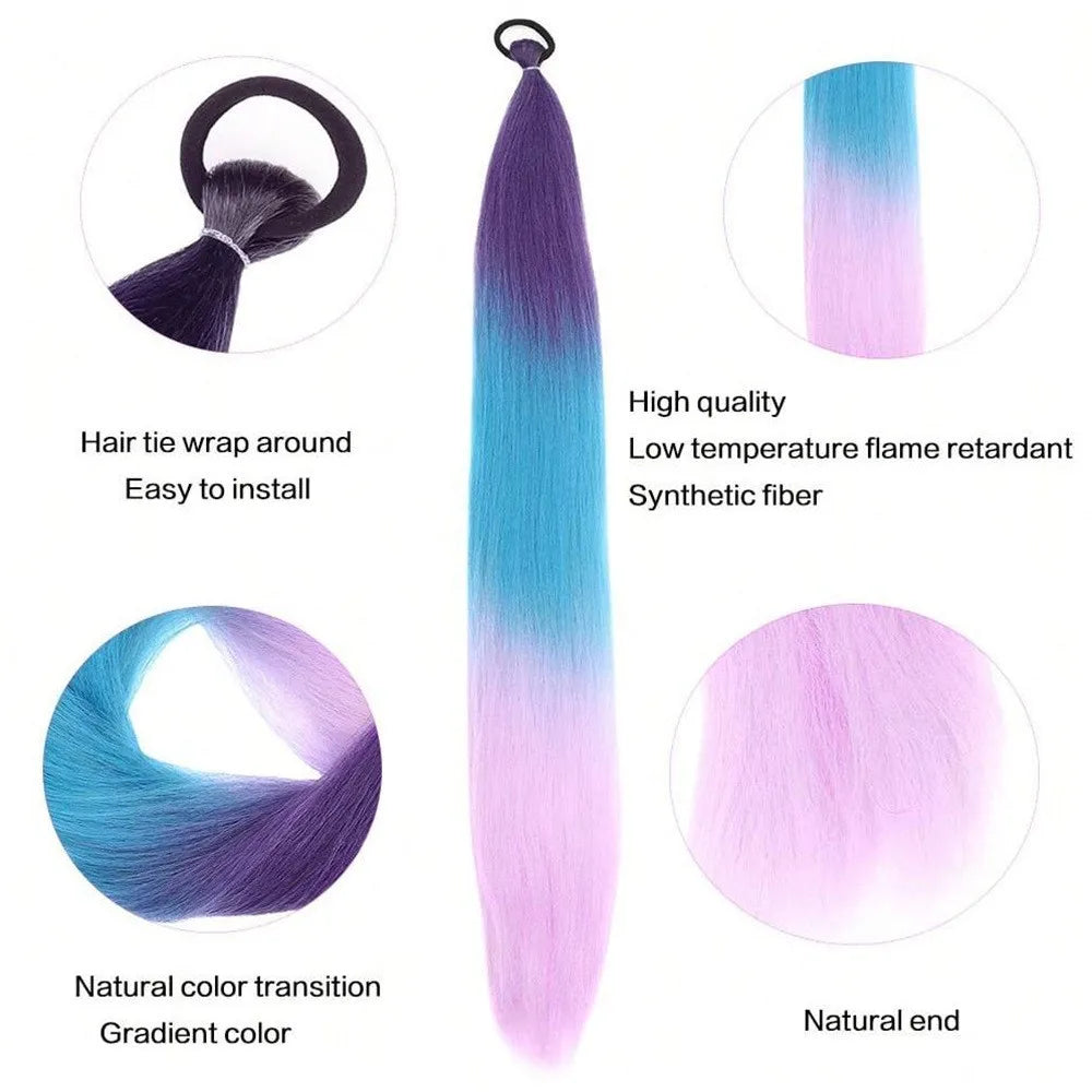 2PC Synthetic Purple Ponytail Extension with Rubber Band Long Straight DIY Braided Pony Tail Hairpiece Women Hair Accessories