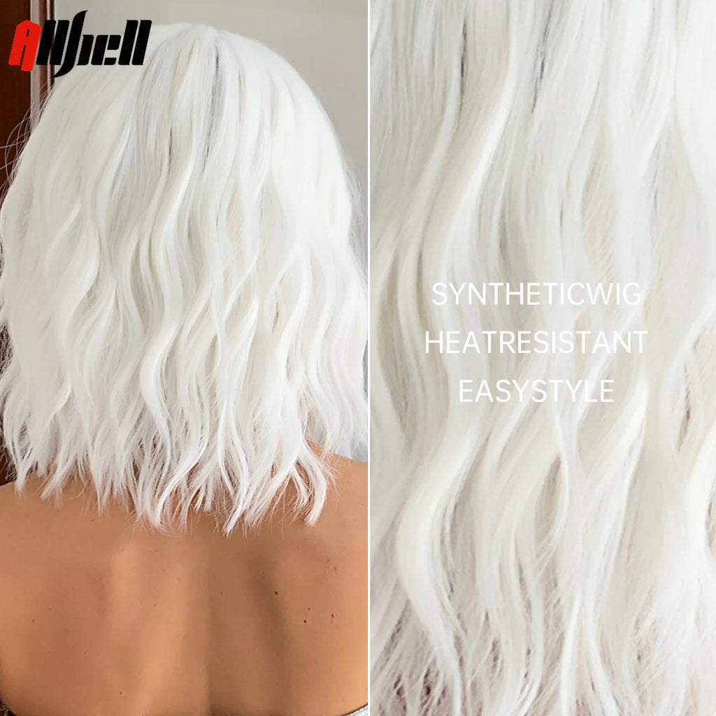 Short Curly Wavy White Synthetic Wig White Lolita Hair Wig with Bangs for Women Natural Cosplay Party Halloween Heat Resistant