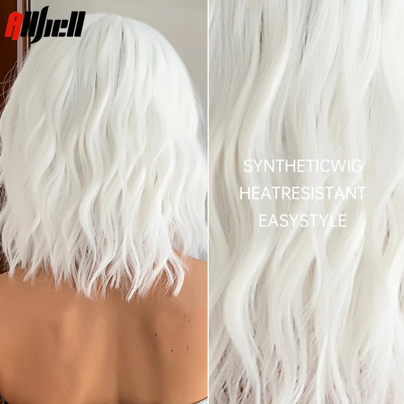 Short Curly Wavy White Synthetic Wig White Lolita Hair Wig with Bangs for Women Natural Cosplay Party Halloween Heat Resistant