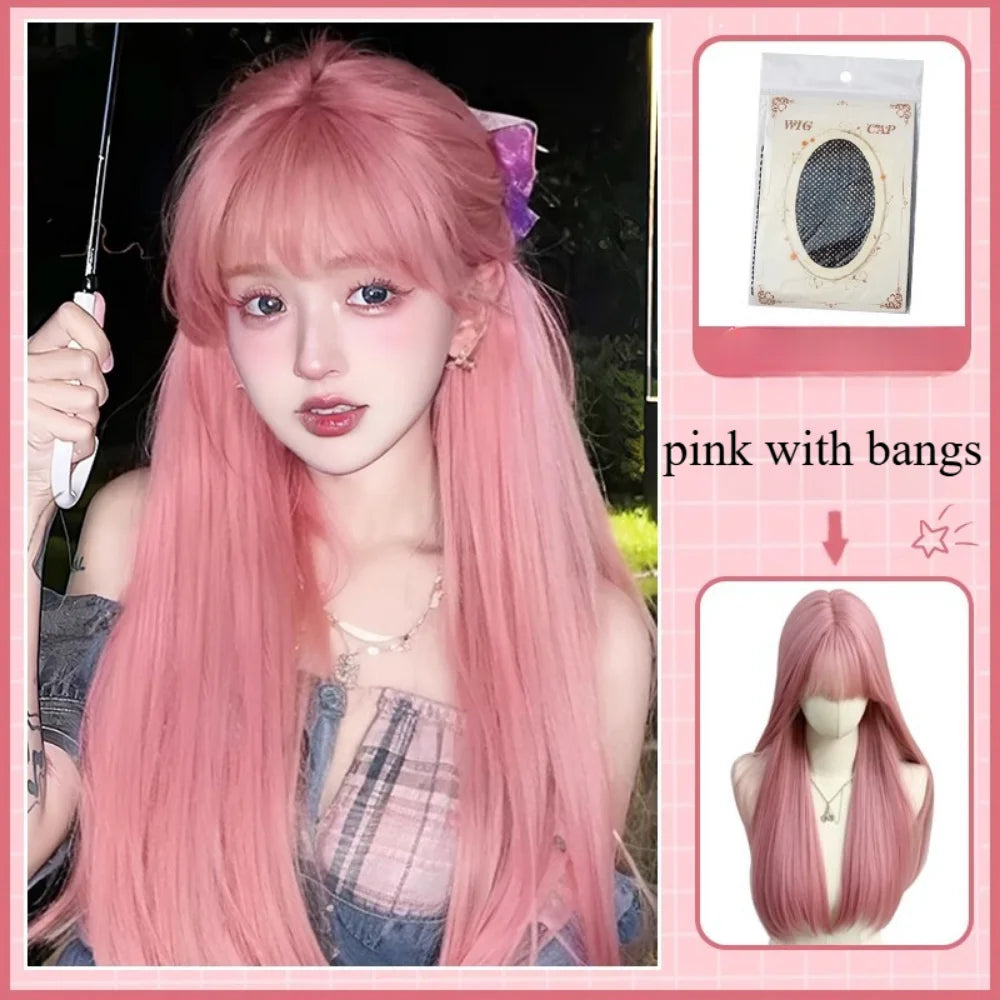 Pink Wig for Women Long Wavy Cosplay Wigs Natural Soft Sweet Synthetic Wig for Daily Use School Life Lolita Wig Pink