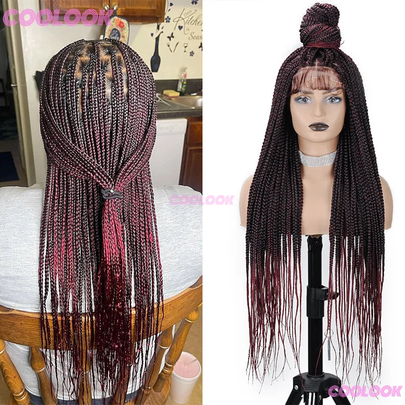 36" Synthetic Box Braided Wigs For Black Women Cornrow Braids Lace Wigs Braids African Wigs