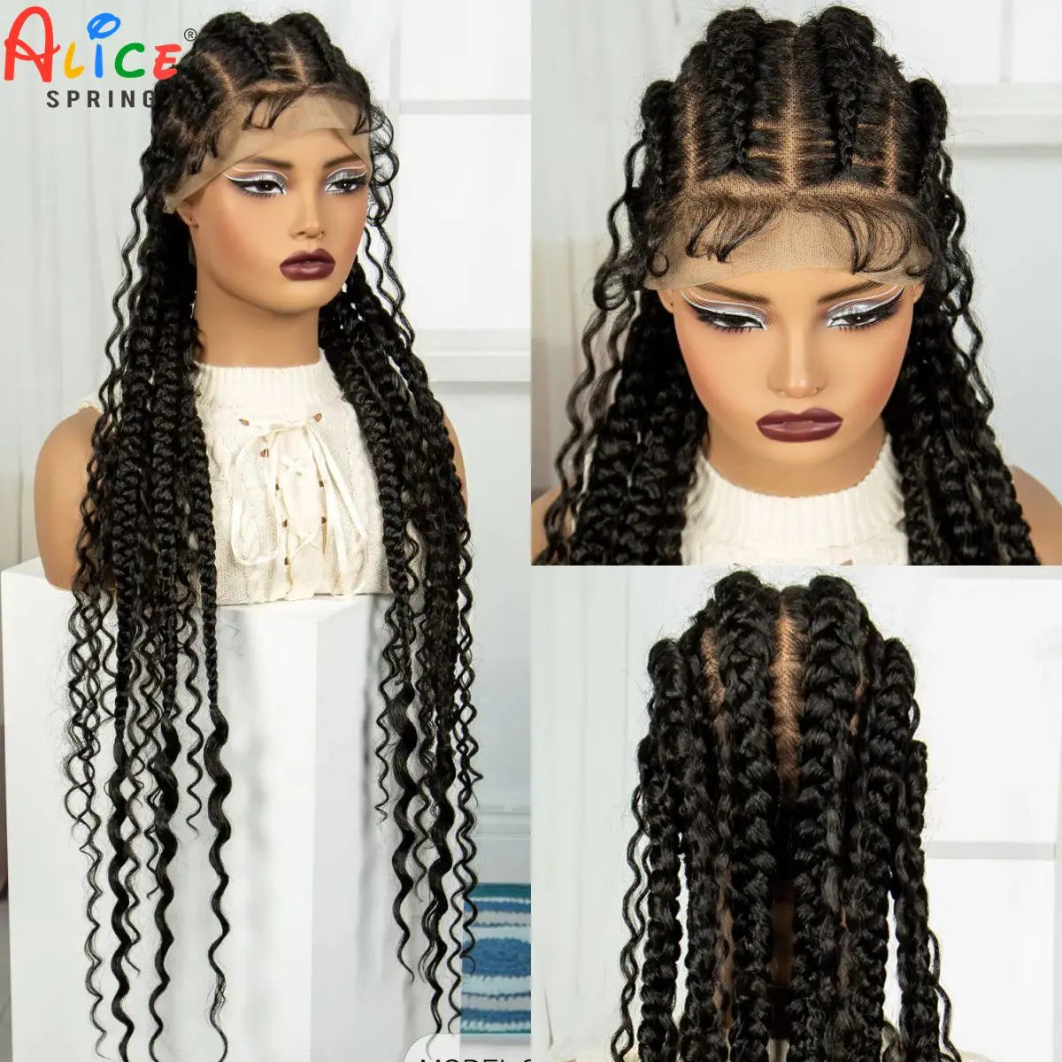 34Inch Cornrow Braided Wigs with Curly ends Synthetic Full Lace Braids Wigs Lace Frontal Braided Lace Wig for Black Women