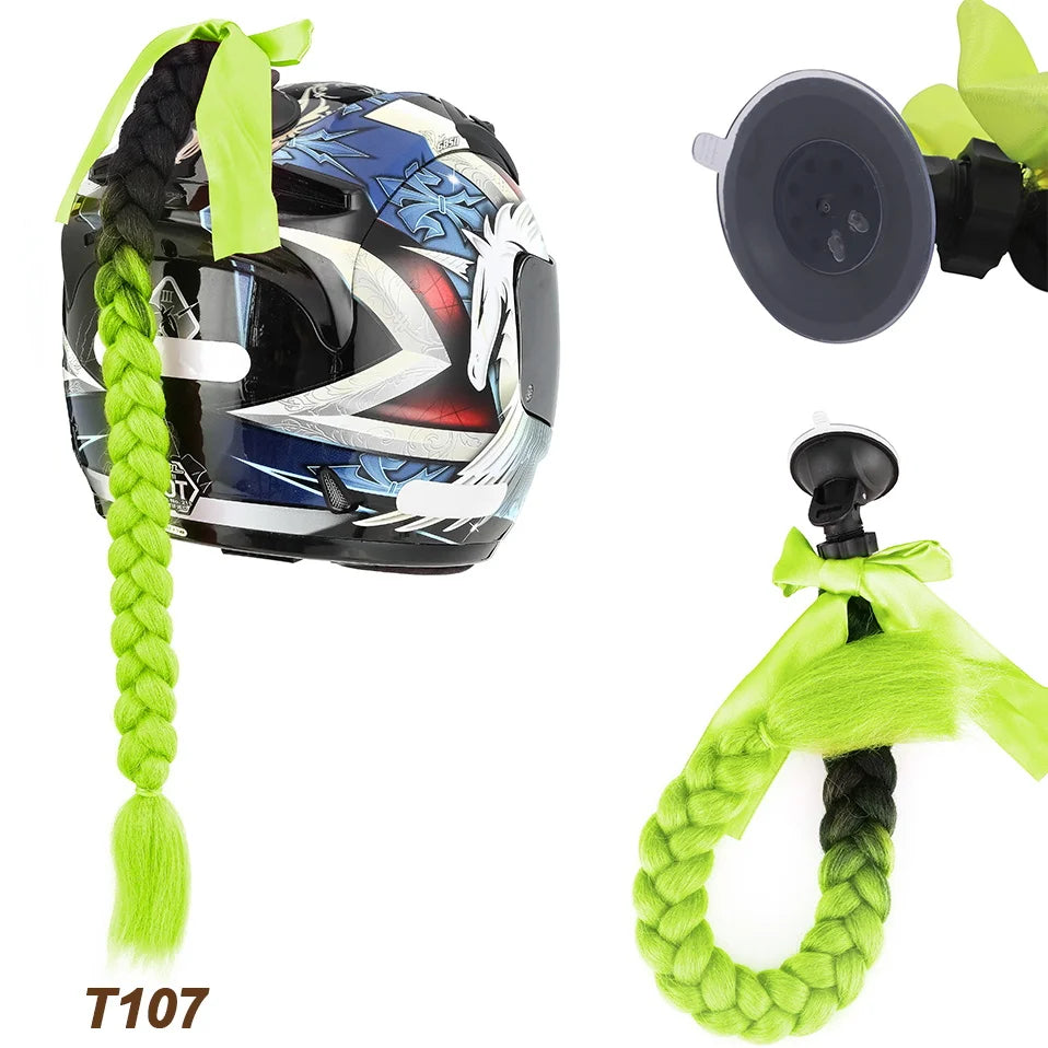 Benehair Syntheitc Helmet Pigtails Gradient Ramp Helmet Braids Ponytail Hair with Suction Cup with Bowknot for Motor Bike 1PCS