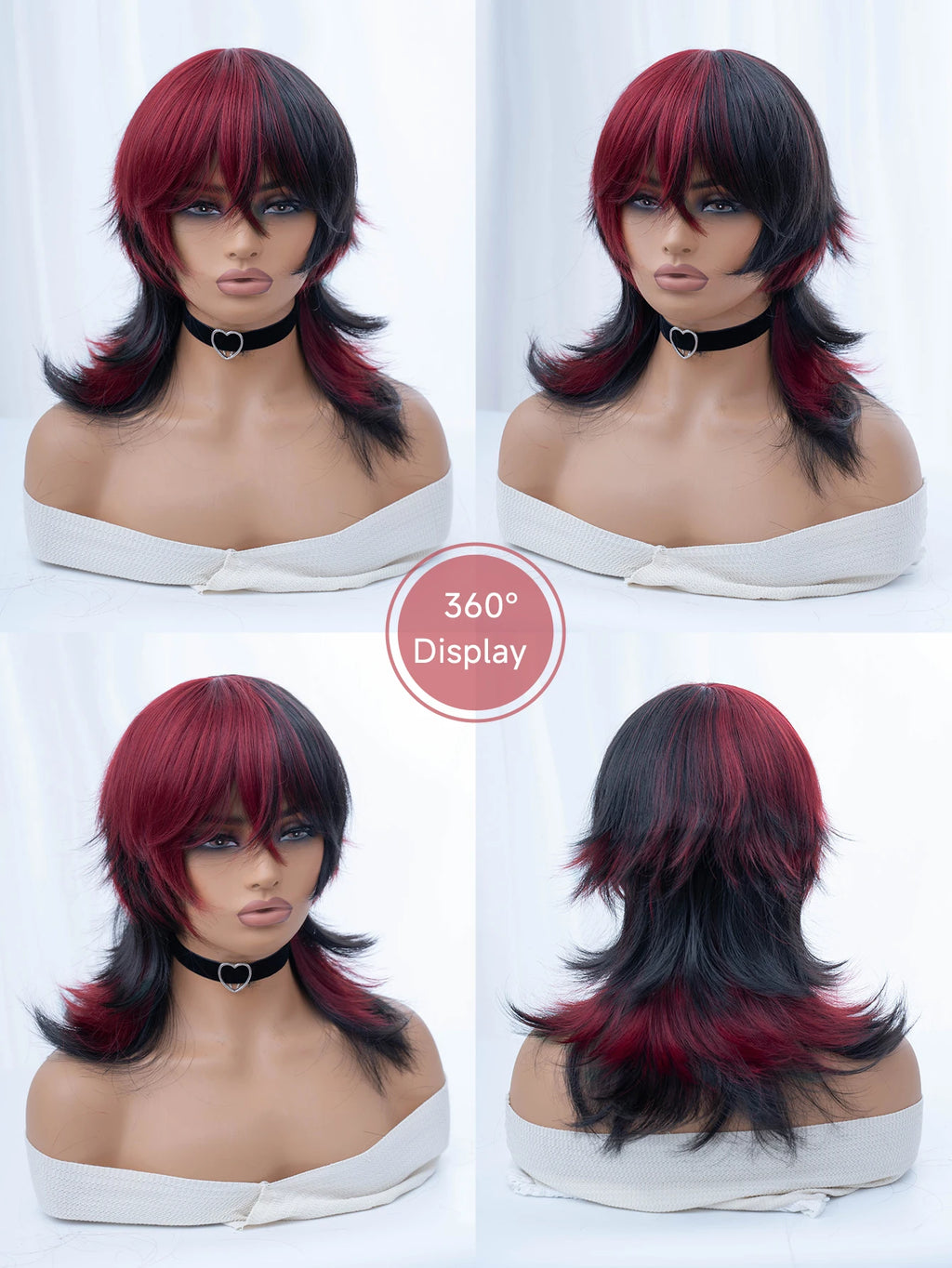 18Inch Handsome Girl Tomboy Style Black Red Synthetic Wigs With Bangs Medium Wavy Layered Hair Wig for Man Women Heat Resistant