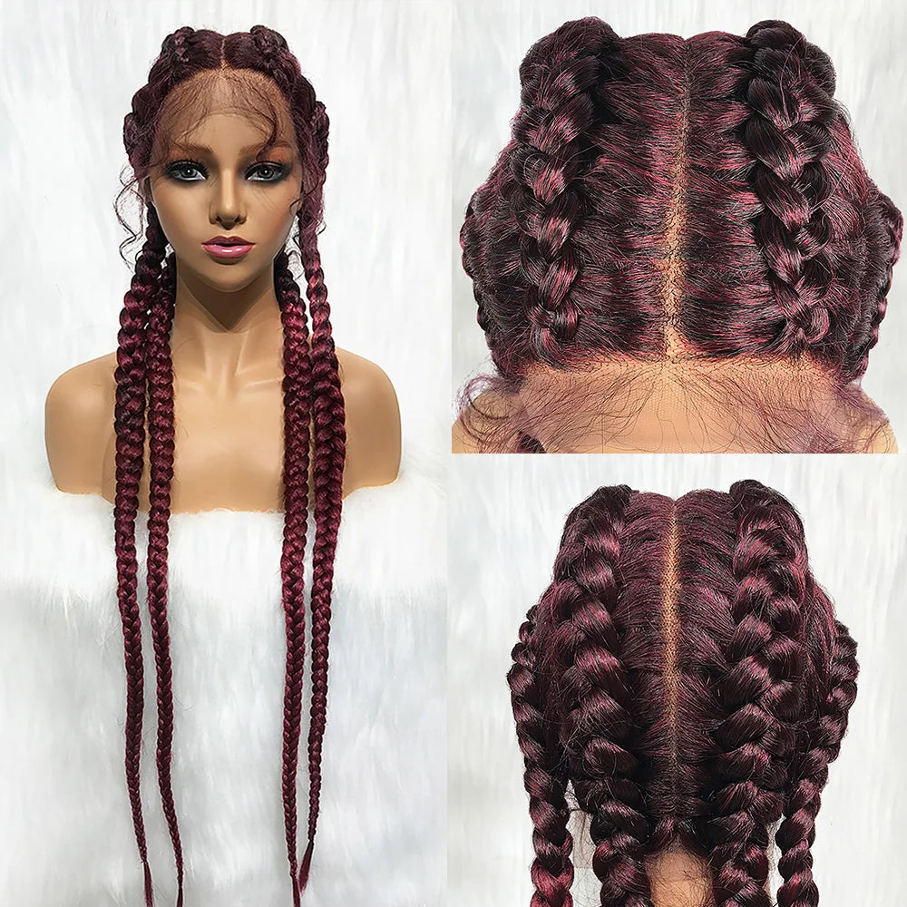 Synthetic Lace Cornrow Box Braids Wig Braided Wigs Burgundy Hair Wig For Black Women American African Wig