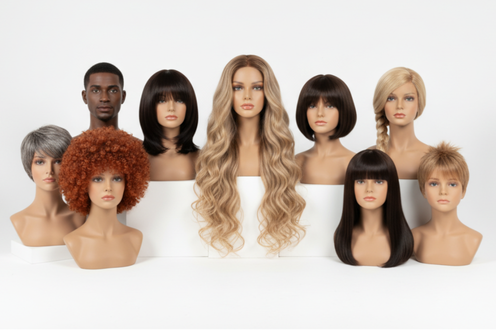 Wigs for Men, Women, and Children on White Background